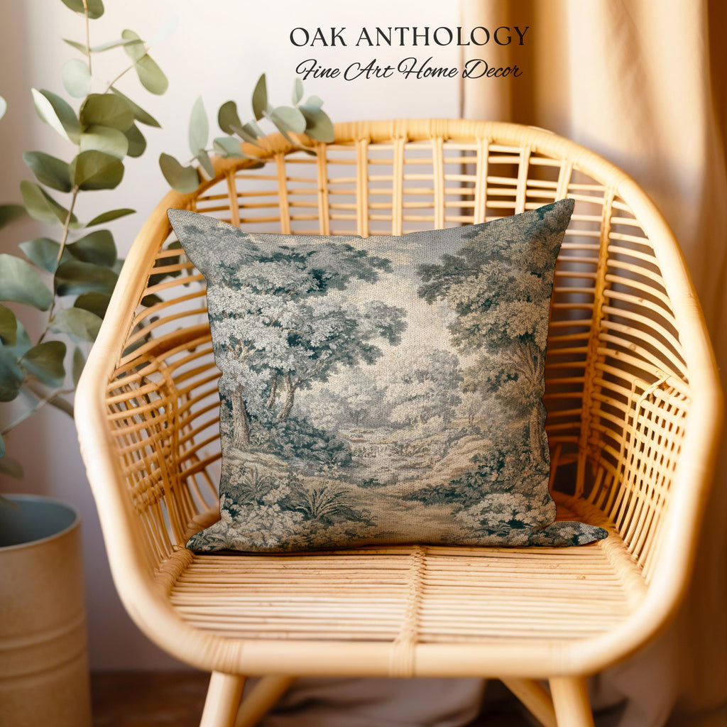 Misty Woodland Stream Scene Woven Cushion Waterfall Landscape Tapestry Pillow | Serene Forest Grove Classical Elegance Textile Accent Decor