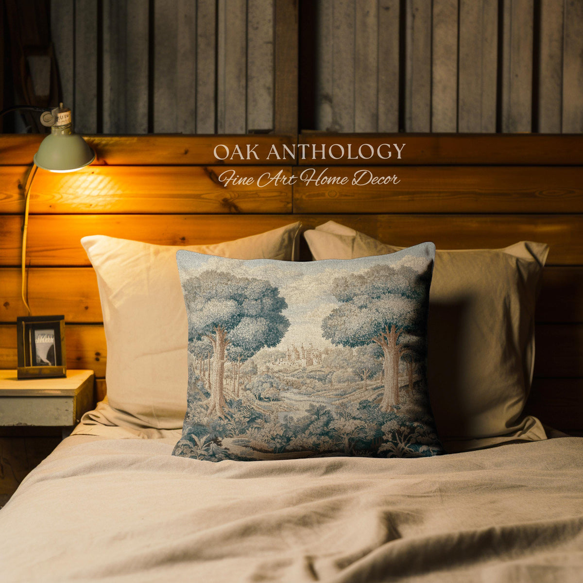 Storybook Castle Countryside Valley View Woven Pillow Tapestry Cushion | Classical European River Landscape Heirloom Style Textile Art Decor
