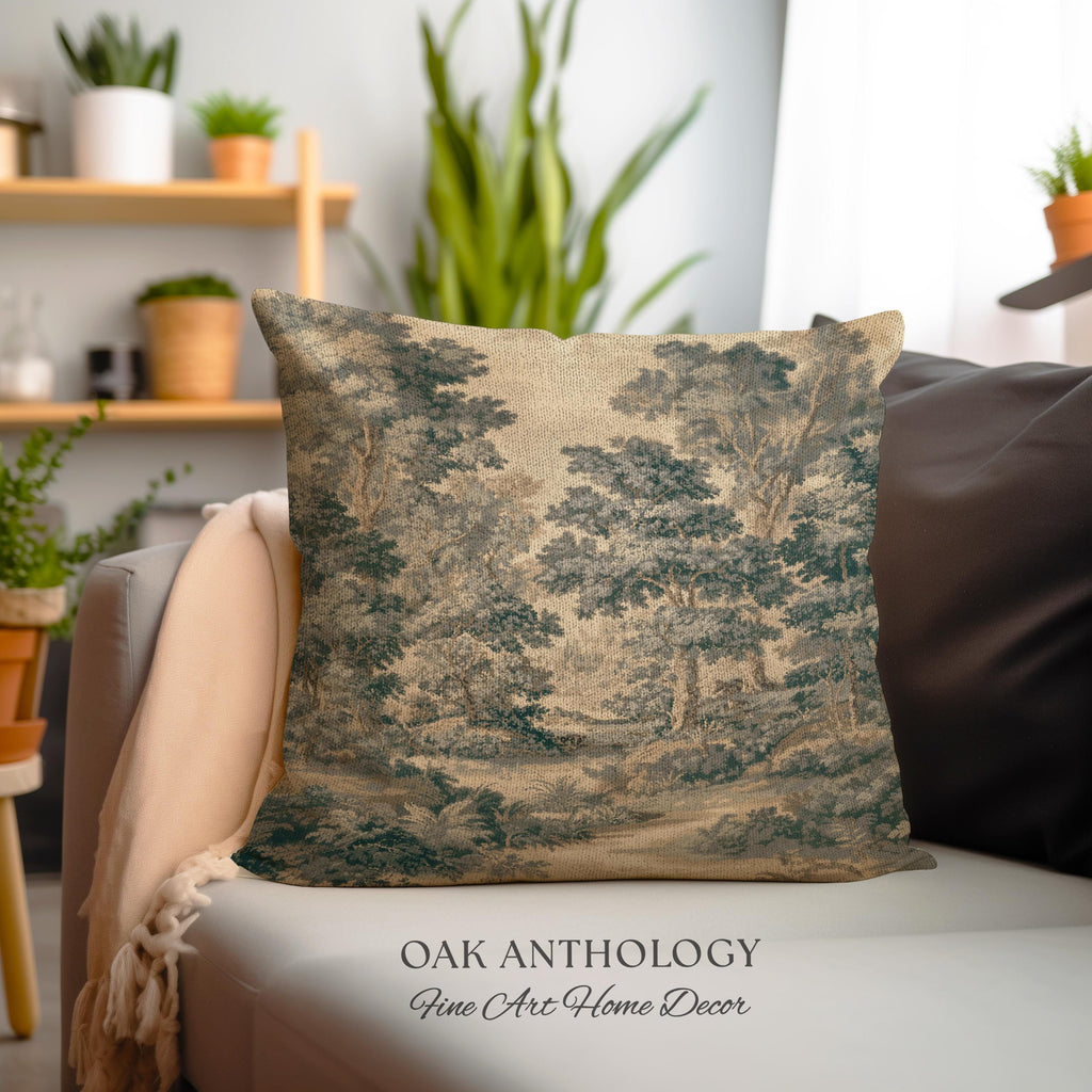 Muted Blue Woodland Landscape Tapestry Pillow Historic Forest Grove Scenic Woven Cushion | English Country Decor Verdure Style Serene Nature