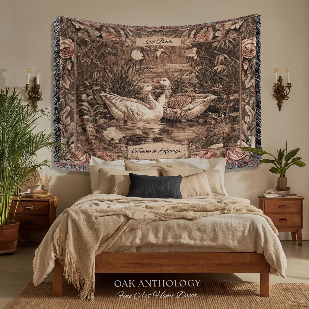 Nostalgic Aesthetic Whimsical Cottage Style Goose Decor Woven Wall Tapestry Throw Blanket | Custom Name Couple Wedding Anniversary Present
