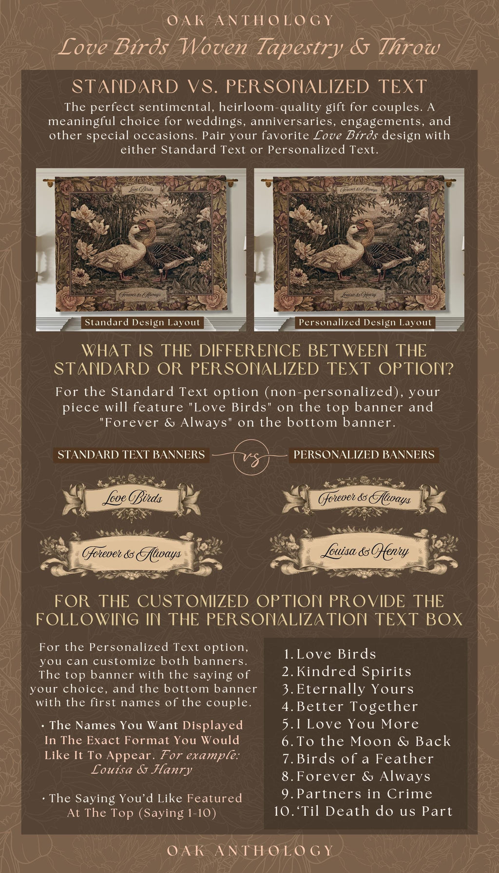 Heritage Nature Whimsical Goose Art Woven Wall Tapestry Throw Blanket Custom Names | Mr and Mrs Gift Engagement Anniversary Legacy Keepsake