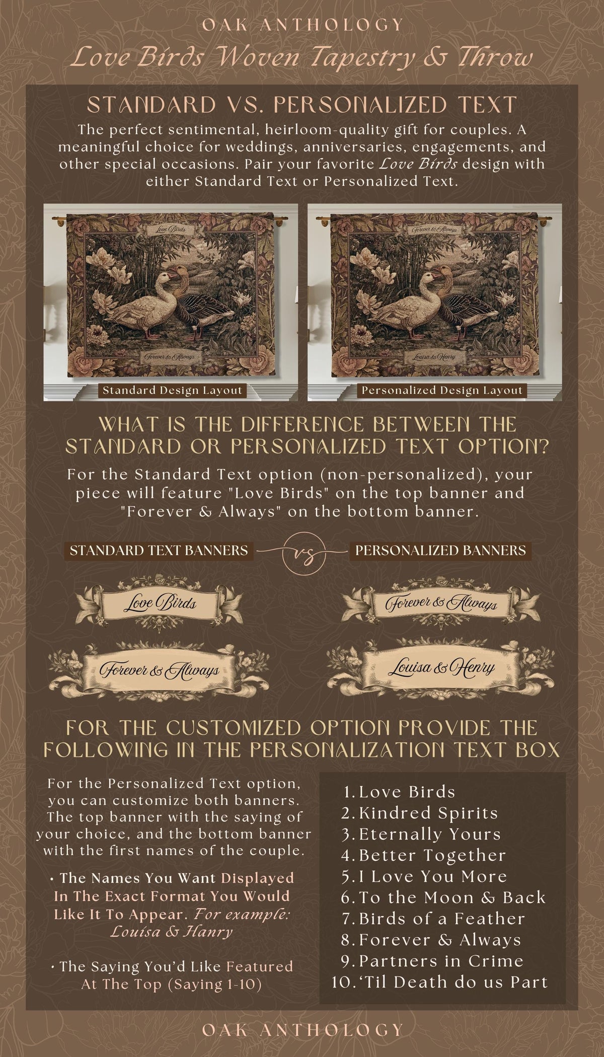 Heritage Nature Whimsical Goose Art Woven Wall Tapestry Throw Blanket Custom Names | Mr and Mrs Gift Engagement Anniversary Legacy Keepsake