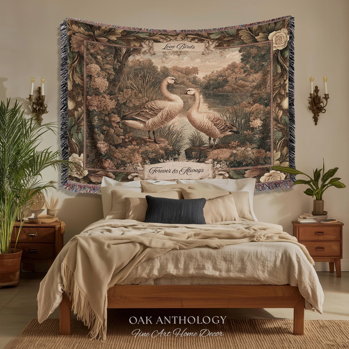 Quiet Elegance Timeless Romantic Kissing Geese Woven Tapestry Wall Hanging | Names Throw Blanket Wedding Anniversary Newlywed Keepsake