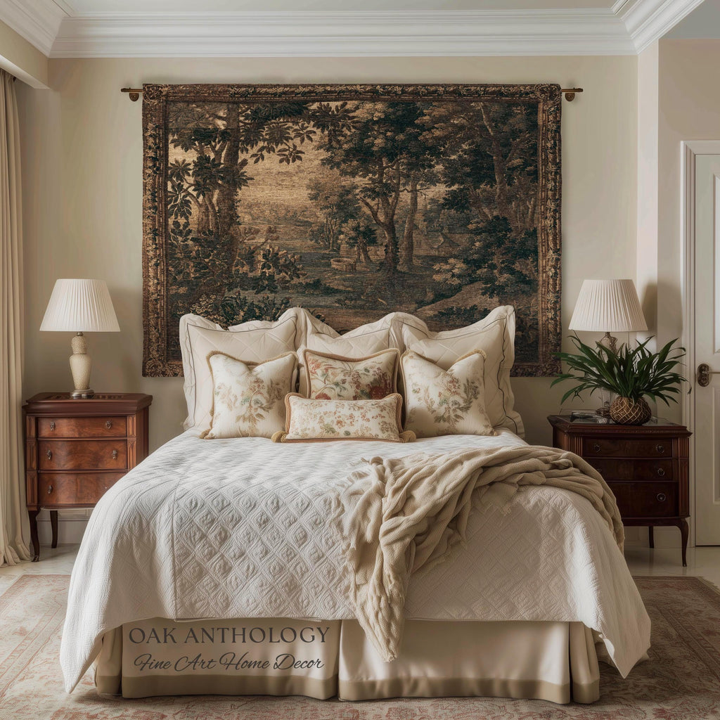 Sepia Forest Grove Landscape Tapestry Classic European Pastoral Scene | Rustic Heritage Baroque Verdure Woven Woodland Old World Wall Art