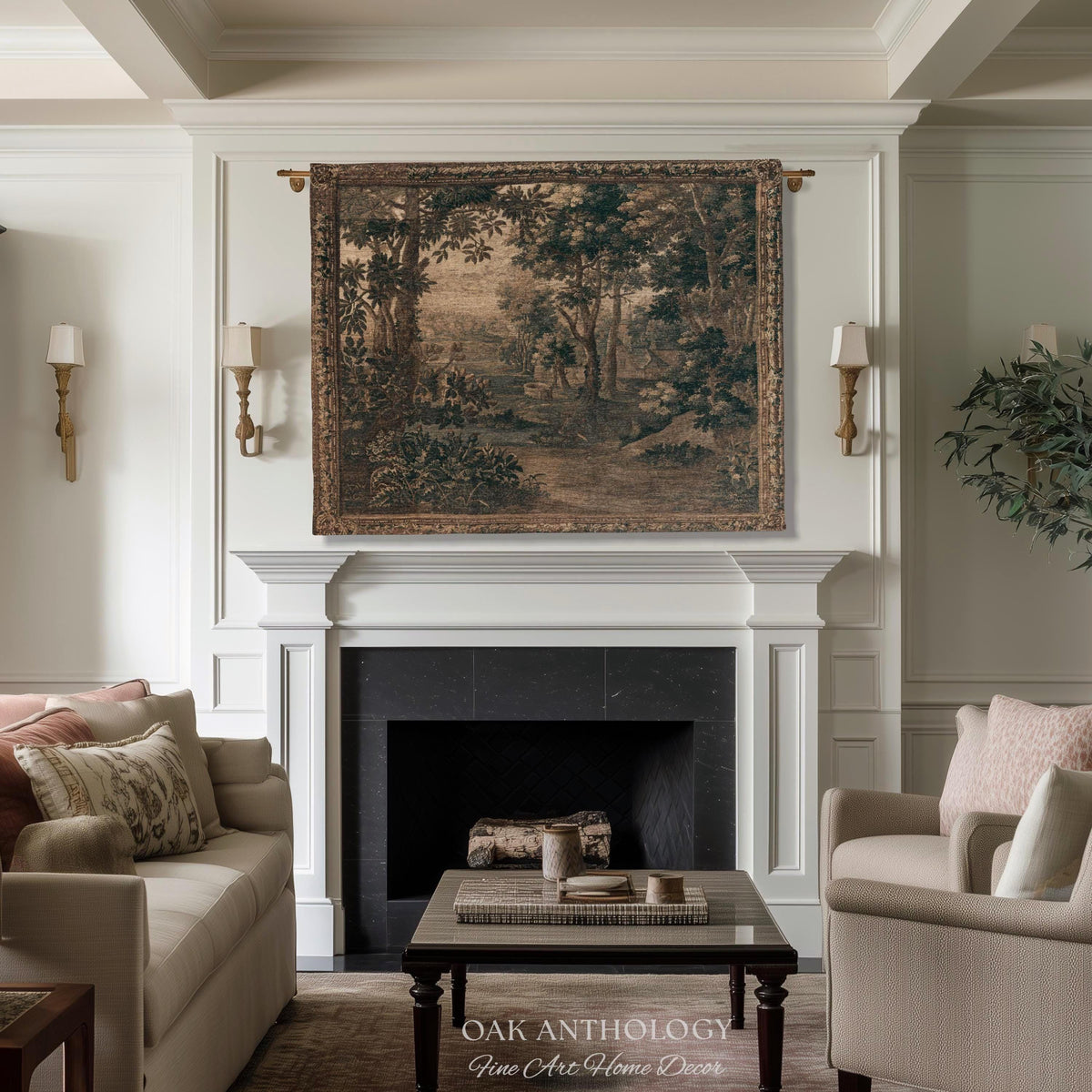 Sepia Forest Grove Landscape Tapestry Classic European Pastoral Scene | Rustic Heritage Baroque Verdure Woven Woodland Old World Wall Art