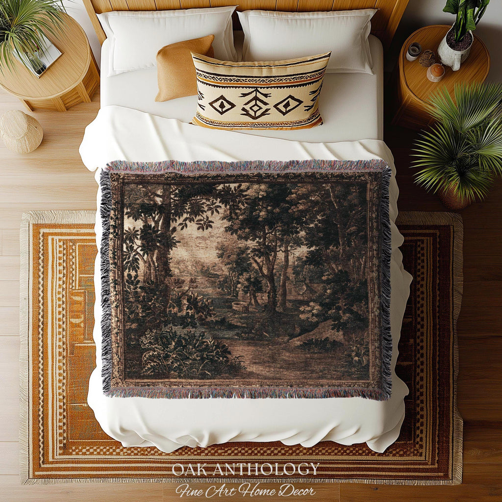 Sepia Forest Grove Landscape Tapestry Classic European Pastoral Scene | Rustic Heritage Baroque Verdure Woven Woodland Old World Wall Art