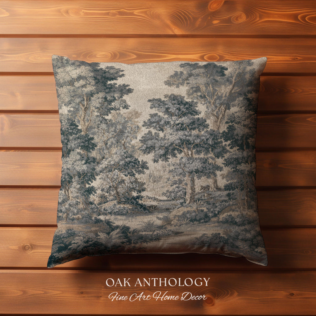 Muted Blue Woodland Landscape Tapestry Pillow Historic Forest Grove Scenic Woven Cushion | English Country Decor Verdure Style Serene Nature