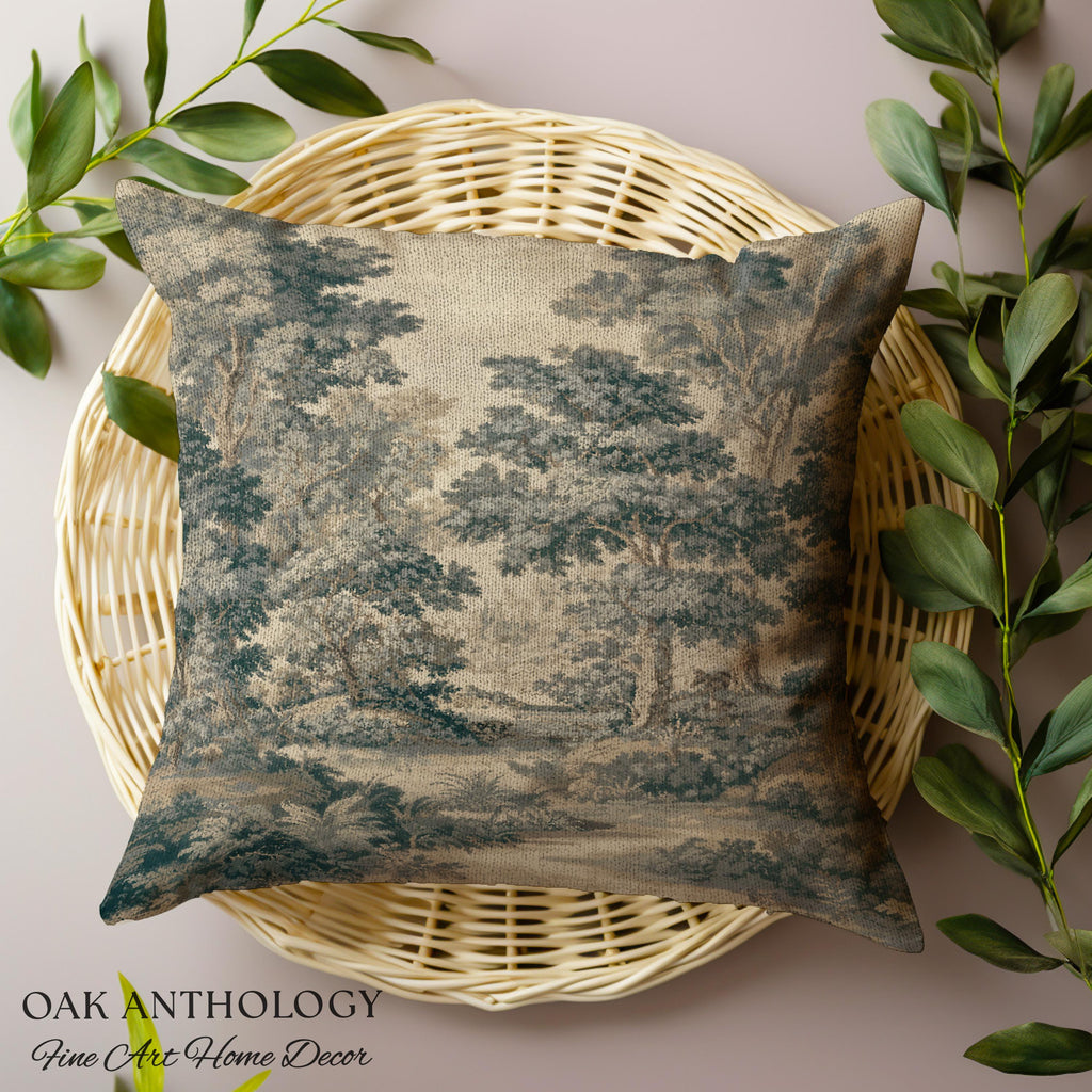 Muted Blue Woodland Landscape Tapestry Pillow Historic Forest Grove Scenic Woven Cushion | English Country Decor Verdure Style Serene Nature