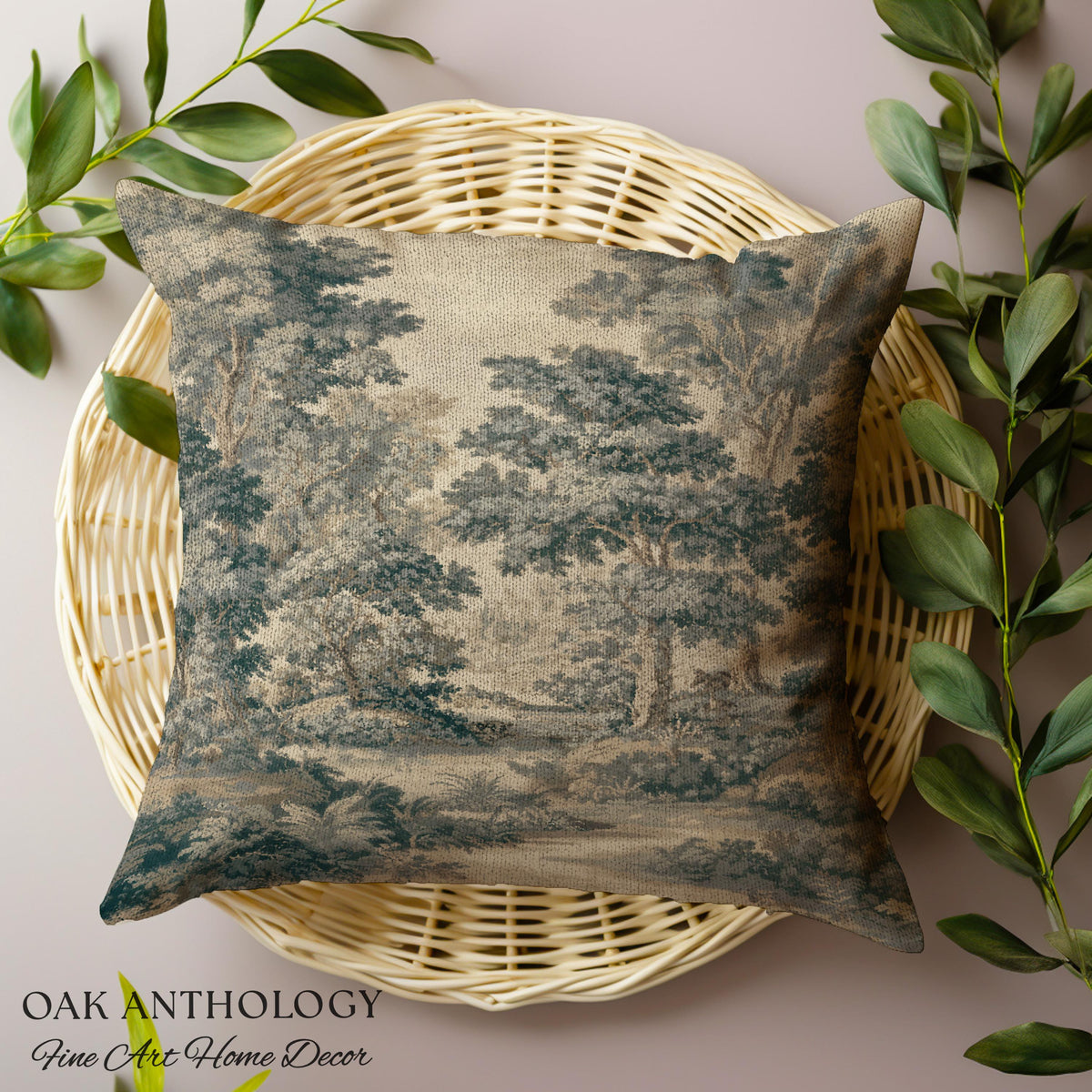 Muted Blue Woodland Landscape Tapestry Pillow Historic Forest Grove Scenic Woven Cushion | English Country Decor Verdure Style Serene Nature