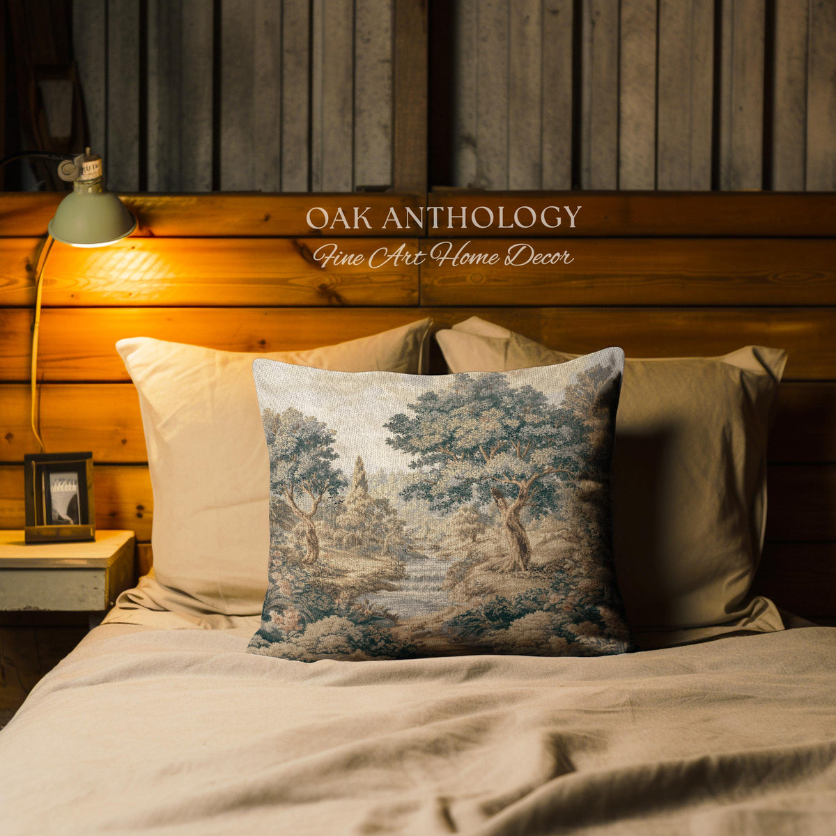 Tranquil River Woodland Landscape Woven Pillow | Romantic European Forest Stream Scene Traditional Tapestry Textile Cushion Jacquard Weaving