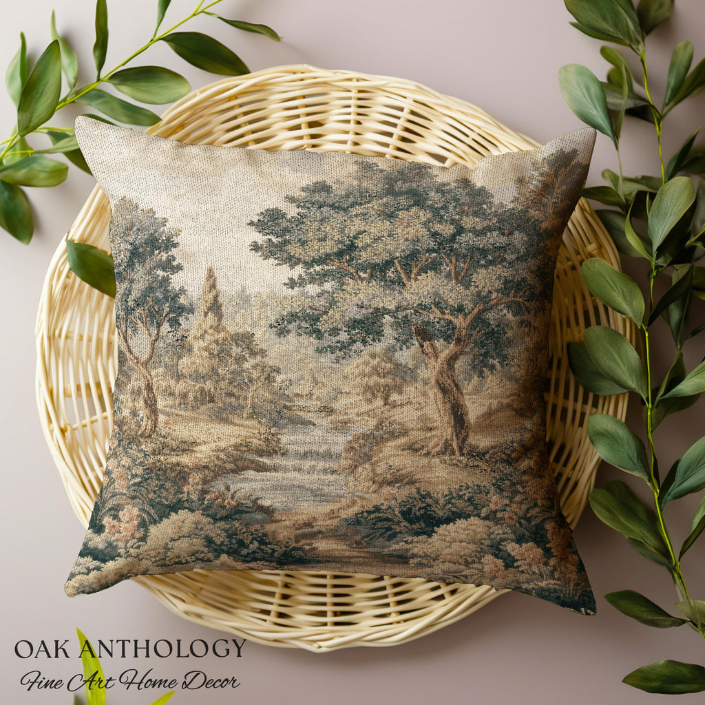 Tranquil River Woodland Landscape Woven Pillow | Romantic European Forest Stream Scene Traditional Tapestry Textile Cushion Jacquard Weaving
