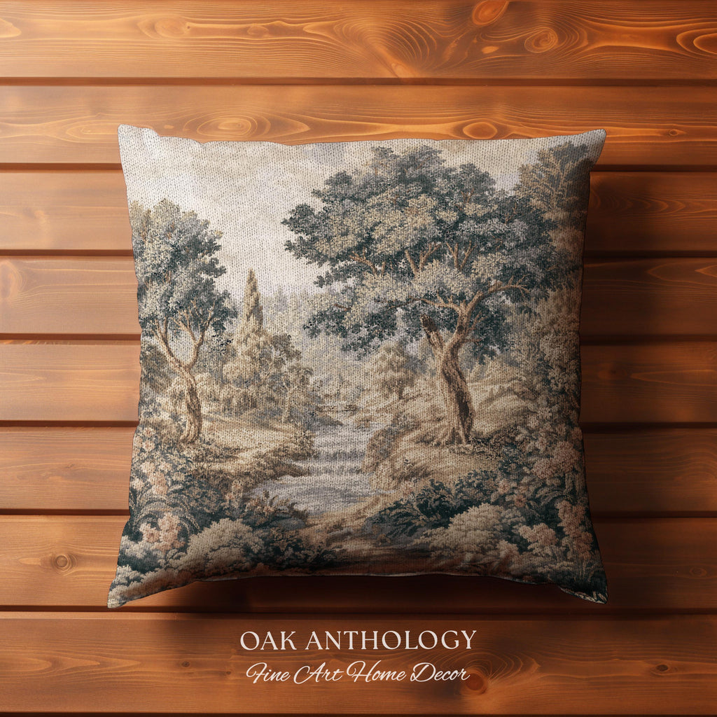 Tranquil River Woodland Landscape Woven Pillow | Romantic European Forest Stream Scene Traditional Tapestry Textile Cushion Jacquard Weaving