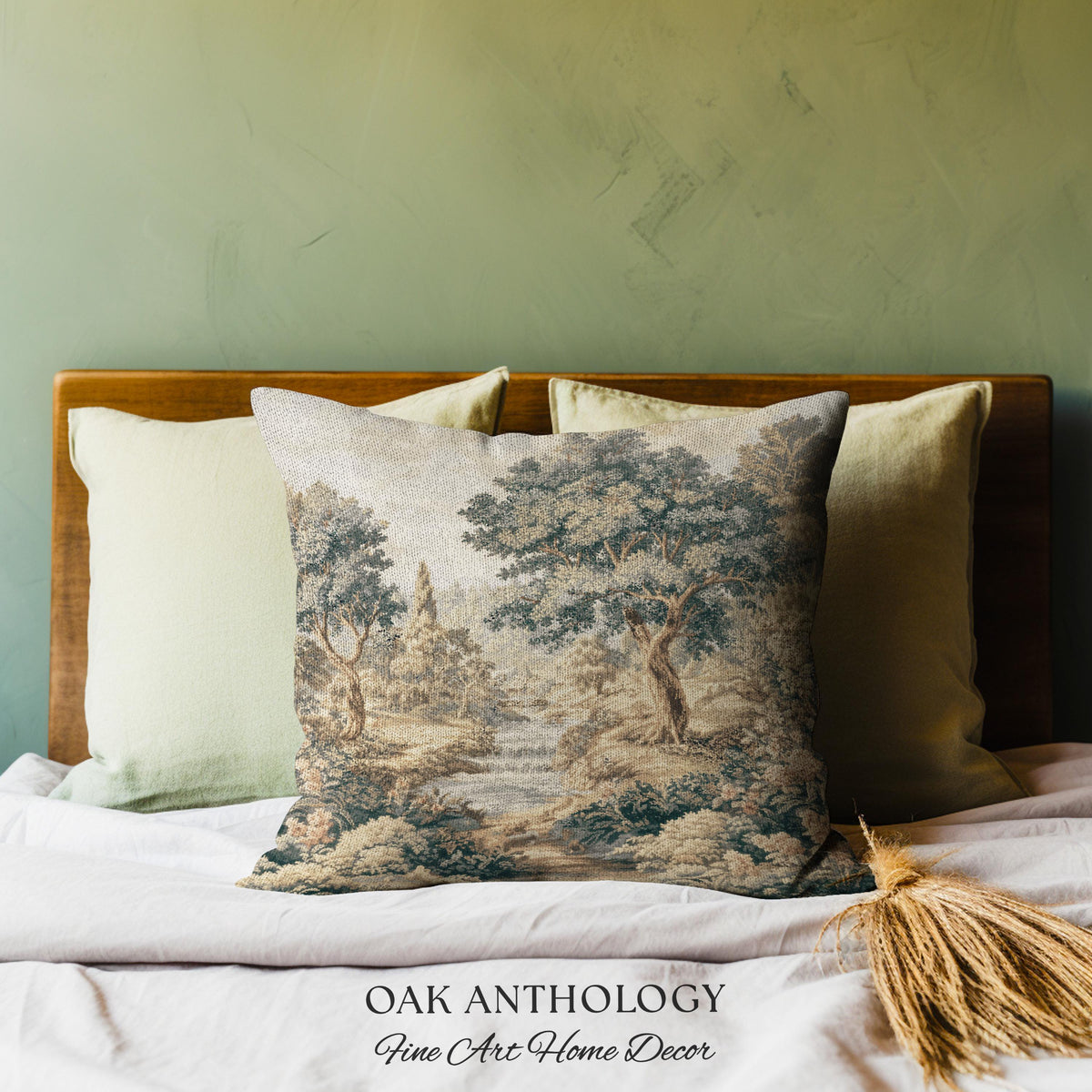 Tranquil River Woodland Landscape Woven Pillow | Romantic European Forest Stream Scene Traditional Tapestry Textile Cushion Jacquard Weaving