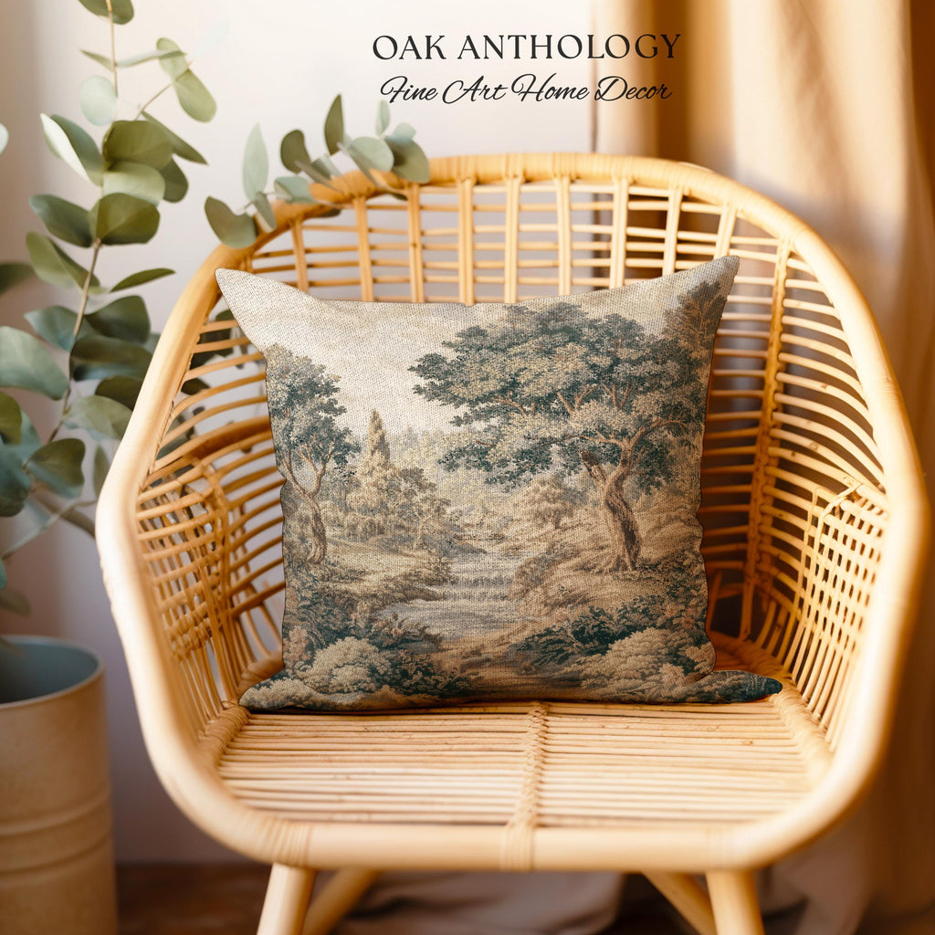 Tranquil River Woodland Landscape Woven Pillow | Romantic European Forest Stream Scene Traditional Tapestry Textile Cushion Jacquard Weaving