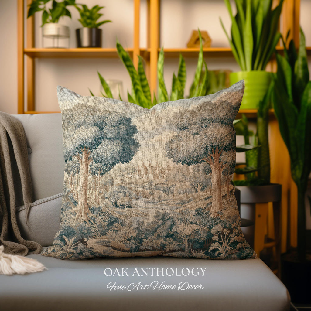Storybook Castle Countryside Valley View Woven Pillow Tapestry Cushion | Classical European River Landscape Heirloom Style Textile Art Decor