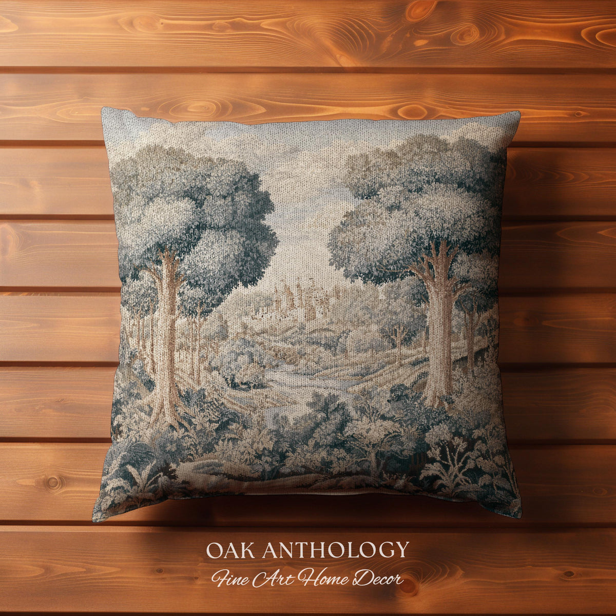 Storybook Castle Countryside Valley View Woven Pillow Tapestry Cushion | Classical European River Landscape Heirloom Style Textile Art Decor
