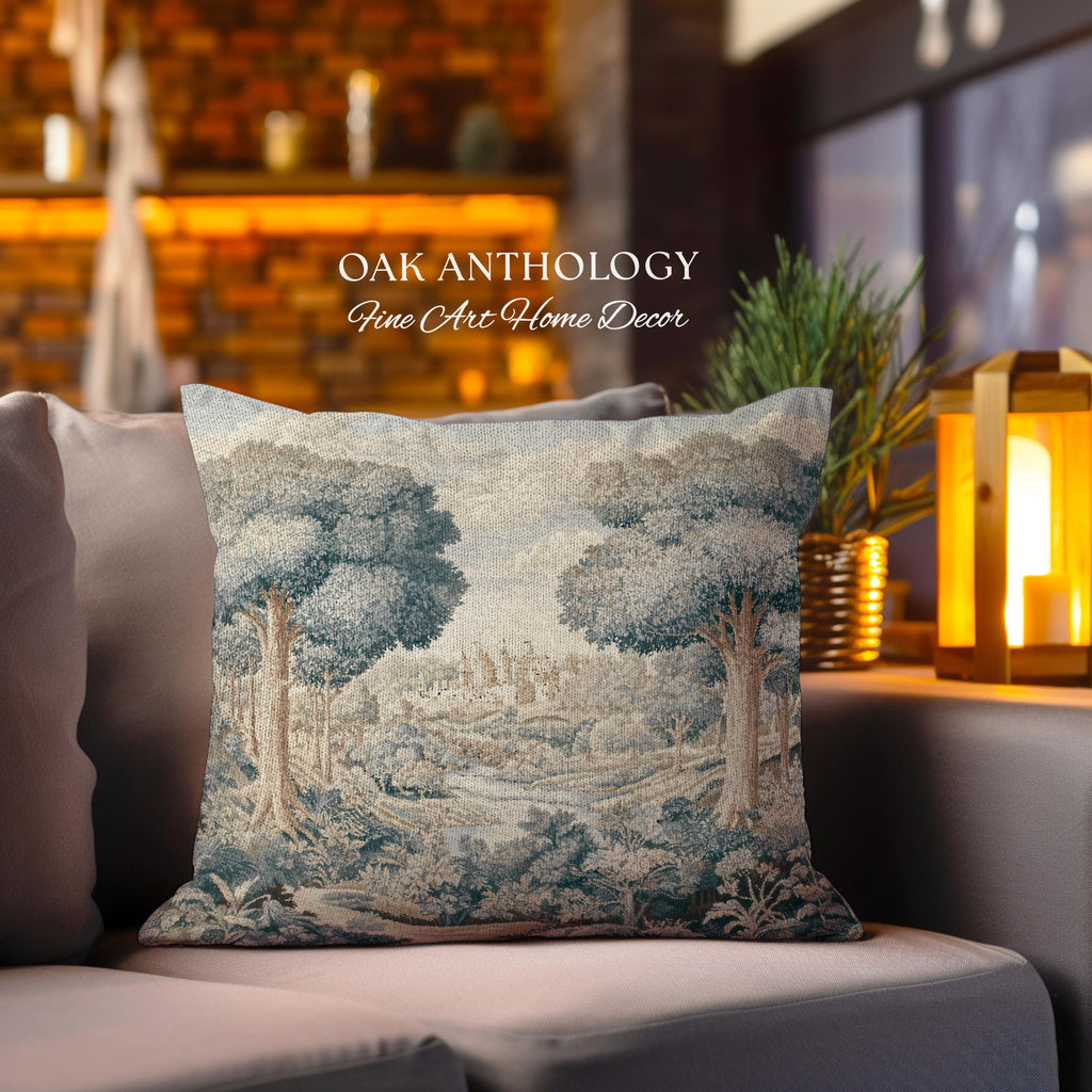 Storybook Castle Countryside Valley View Woven Pillow Tapestry Cushion | Classical European River Landscape Heirloom Style Textile Art Decor