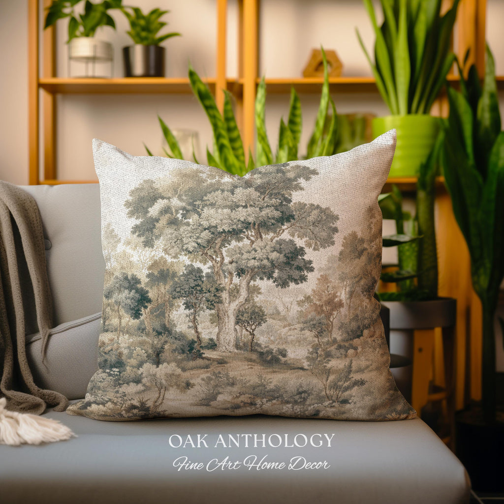Majestic Tree Misty Forest Tapestry Woven Accent Pillow | Muted Tones Woodland Throw Cushion Rustic Elegance Nature Landscape Art Home Decor