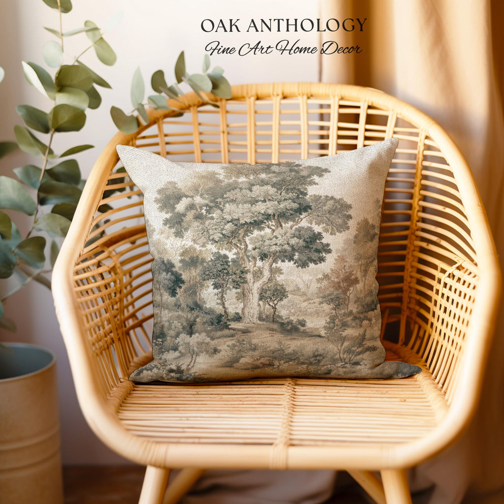 Majestic Tree Misty Forest Tapestry Woven Accent Pillow | Muted Tones Woodland Throw Cushion Rustic Elegance Nature Landscape Art Home Decor