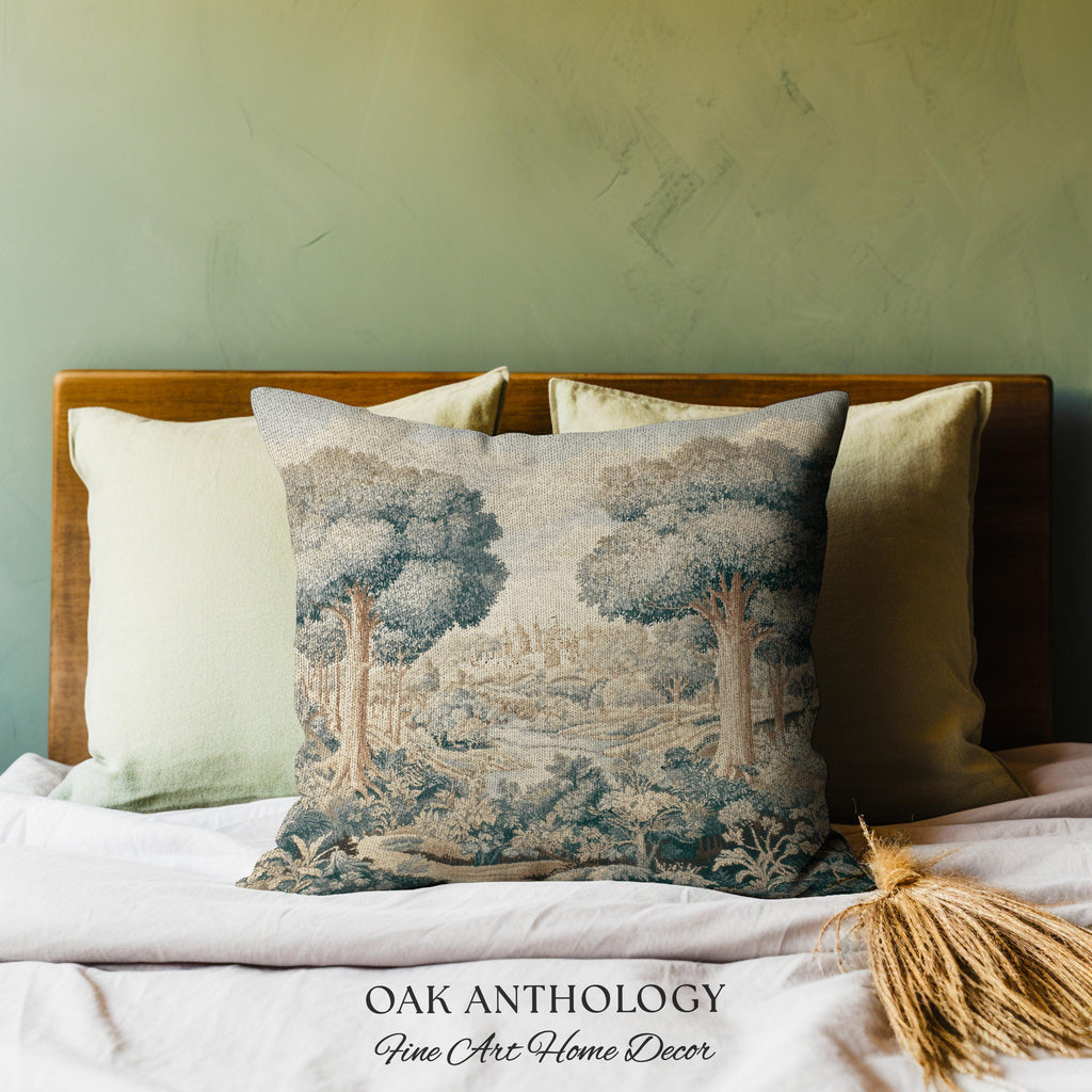 Storybook Castle Countryside Valley View Woven Pillow Tapestry Cushion | Classical European River Landscape Heirloom Style Textile Art Decor