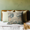 Storybook Castle Countryside Valley View Woven Pillow Tapestry Cushion | Classical European River Landscape Heirloom Style Textile Art Decor