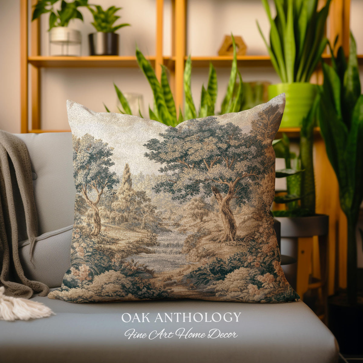 Tranquil River Woodland Landscape Woven Pillow | Romantic European Forest Stream Scene Traditional Tapestry Textile Cushion Jacquard Weaving
