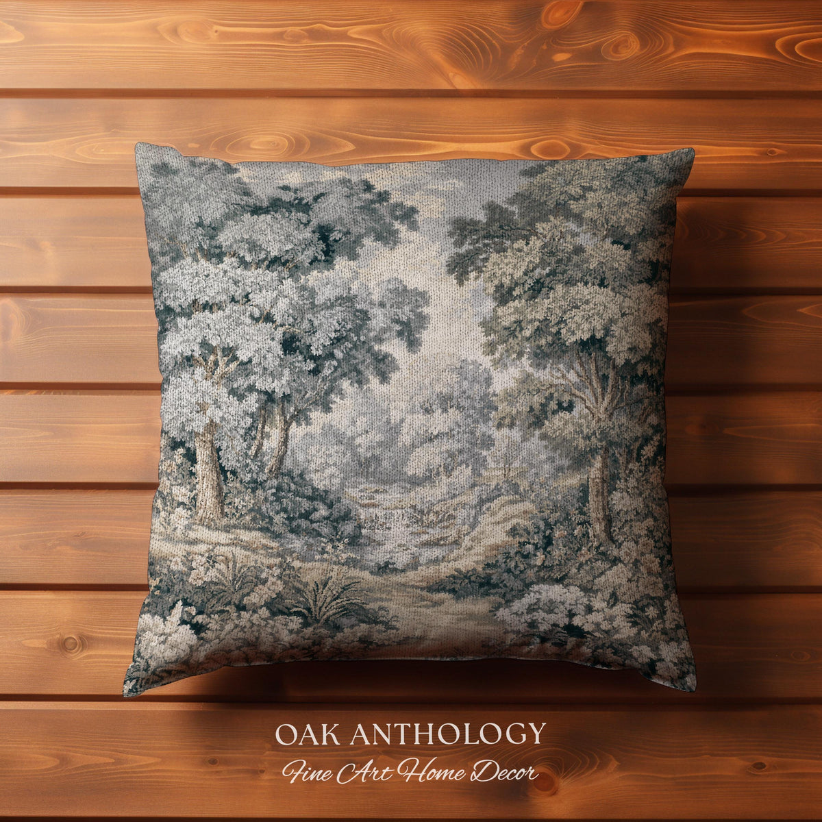 Misty Woodland Stream Scene Woven Cushion Waterfall Landscape Tapestry Pillow | Serene Forest Grove Classical Elegance Textile Accent Decor