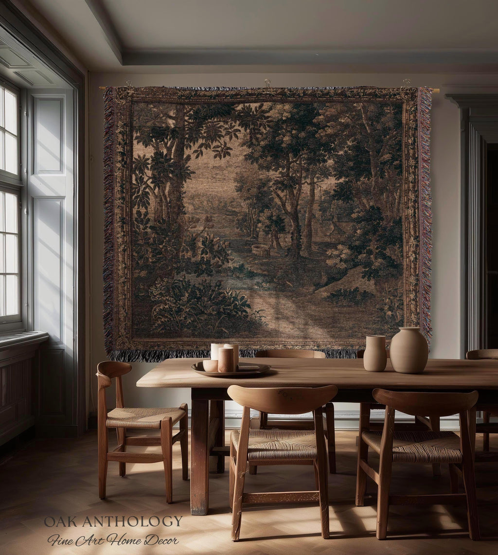 Sepia Forest Grove Landscape Tapestry Classic European Pastoral Scene | Rustic Heritage Baroque Verdure Woven Woodland Old World Wall Art