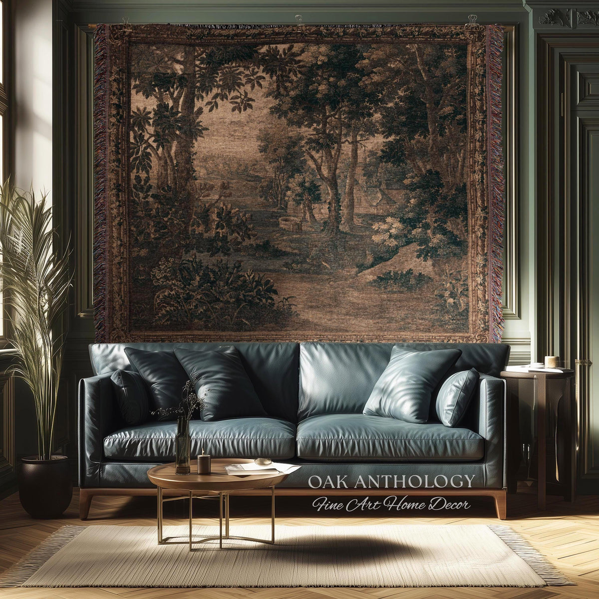 Sepia Forest Grove Landscape Tapestry Classic European Pastoral Scene | Rustic Heritage Baroque Verdure Woven Woodland Old World Wall Art