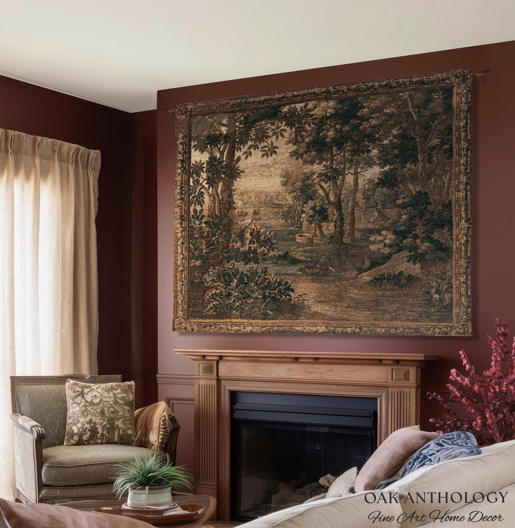 Sepia Forest Grove Landscape Tapestry Classic European Pastoral Scene | Rustic Heritage Baroque Verdure Woven Woodland Old World Wall Art