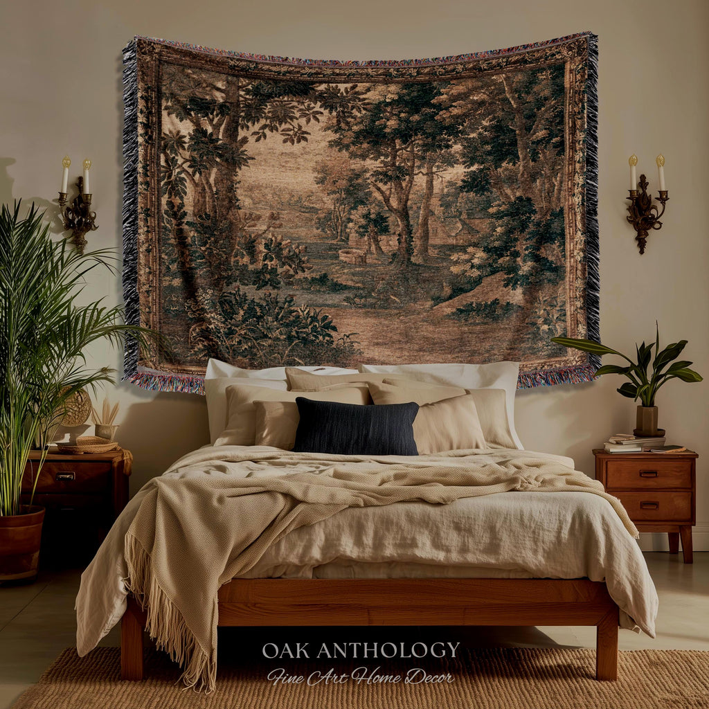 Sepia Forest Grove Landscape Tapestry Classic European Pastoral Scene | Rustic Heritage Baroque Verdure Woven Woodland Old World Wall Art