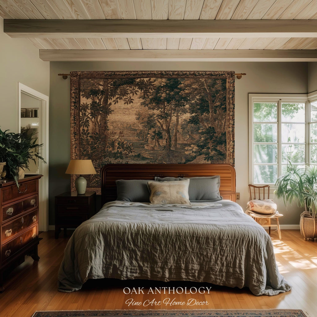 Sepia Forest Grove Landscape Tapestry Classic European Pastoral Scene | Rustic Heritage Baroque Verdure Woven Woodland Old World Wall Art