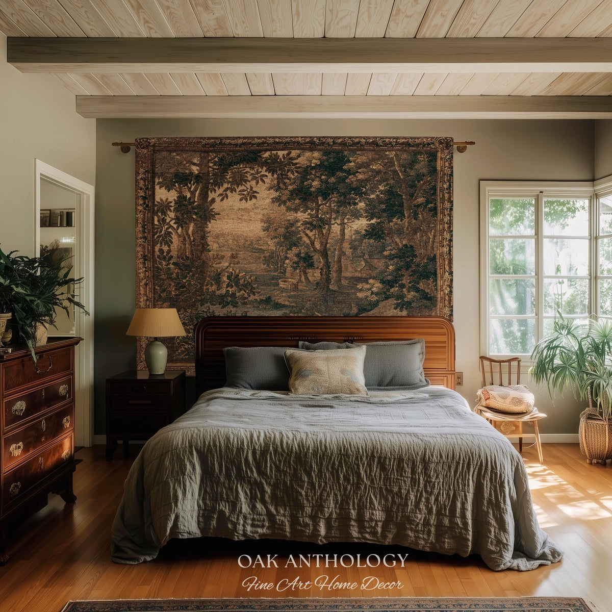 Sepia Forest Grove Landscape Tapestry Classic European Pastoral Scene | Rustic Heritage Baroque Verdure Woven Woodland Old World Wall Art