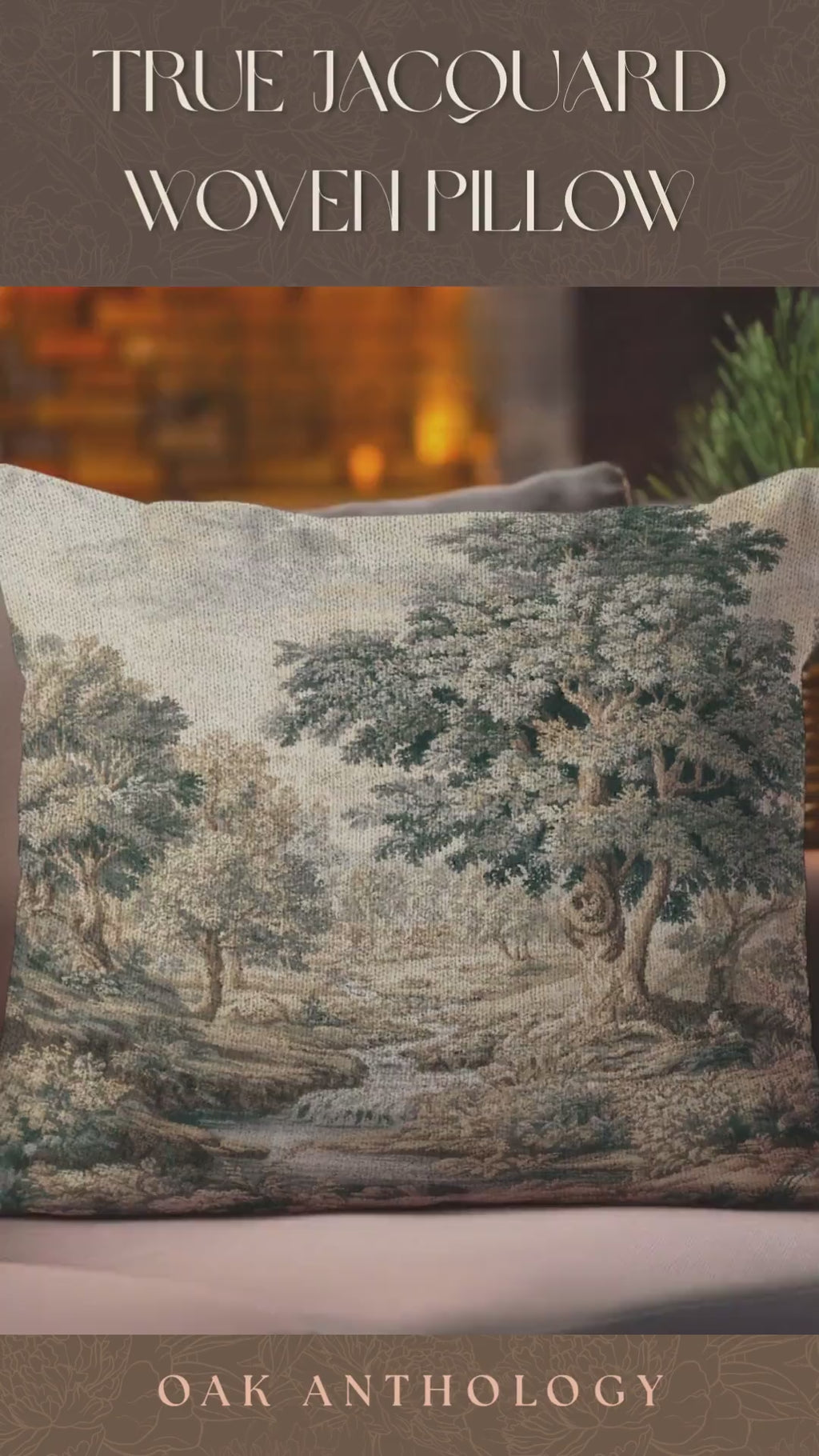 Tranquil River Woodland Landscape Woven Pillow | Romantic European Forest Stream Scene Traditional Tapestry Textile Cushion Jacquard Weaving